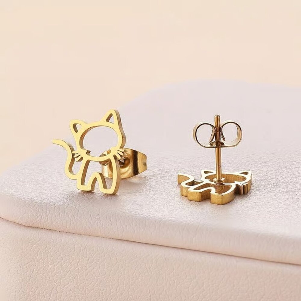 Gold Stainless Steel KITTY CAT Stud Earrings - Picture 2 of 3